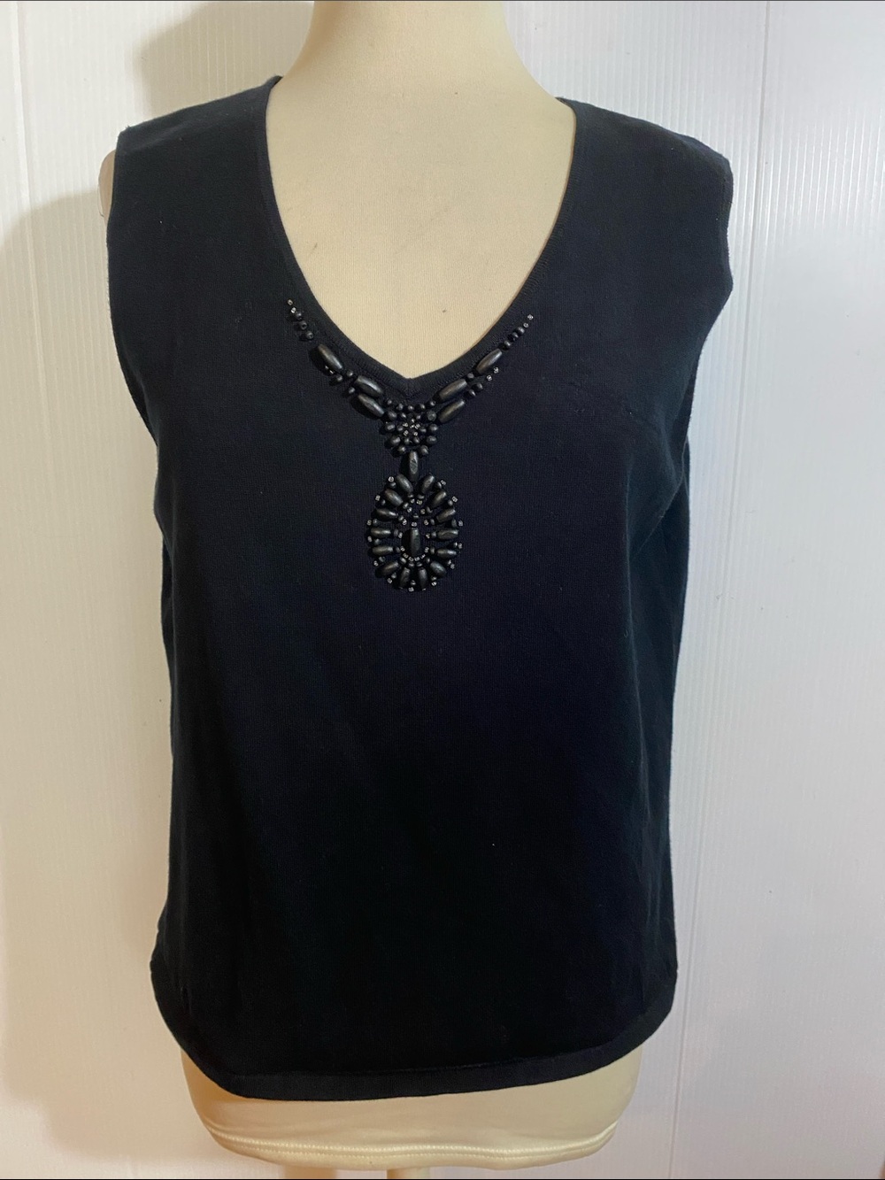 Sleeveless Black V-Neck Tank with Bead Embellishment